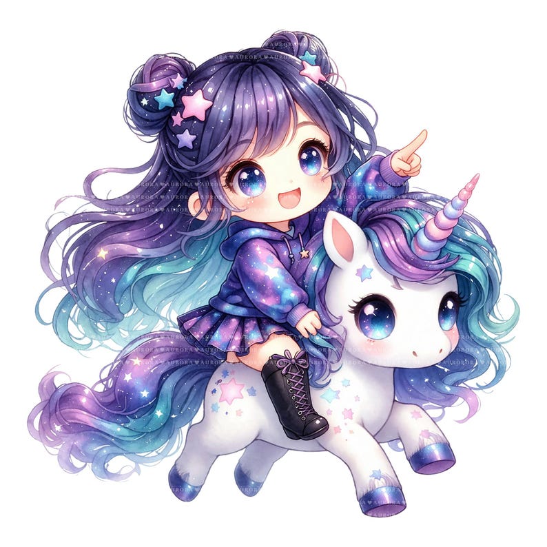 12 Kawaii Galaxy Chibi Girls, Baby Unicorn Watercolor PNG Clipart ...