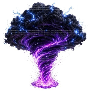 May include: Digital illustration of a stylized tornado. The swirling vortex is a vibrant purple, emanating from a glowing base. Dark, ominous clouds surround the top, with streaks of blue lightning illuminating the scene. The artwork is set against a white background.