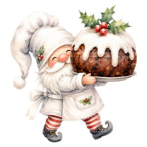 May include: A watercolor illustration of a gnome wearing a white chef hat and apron, holding a dark brown Christmas pudding topped with white icing and holly berries. The gnome has a long white beard, red cheeks, and red and white striped leggings.