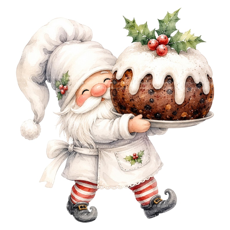May include: A watercolor illustration of a gnome wearing a white chef hat and apron, holding a dark brown Christmas pudding topped with white icing and holly berries. The gnome has a long white beard, red cheeks, and red and white striped leggings.