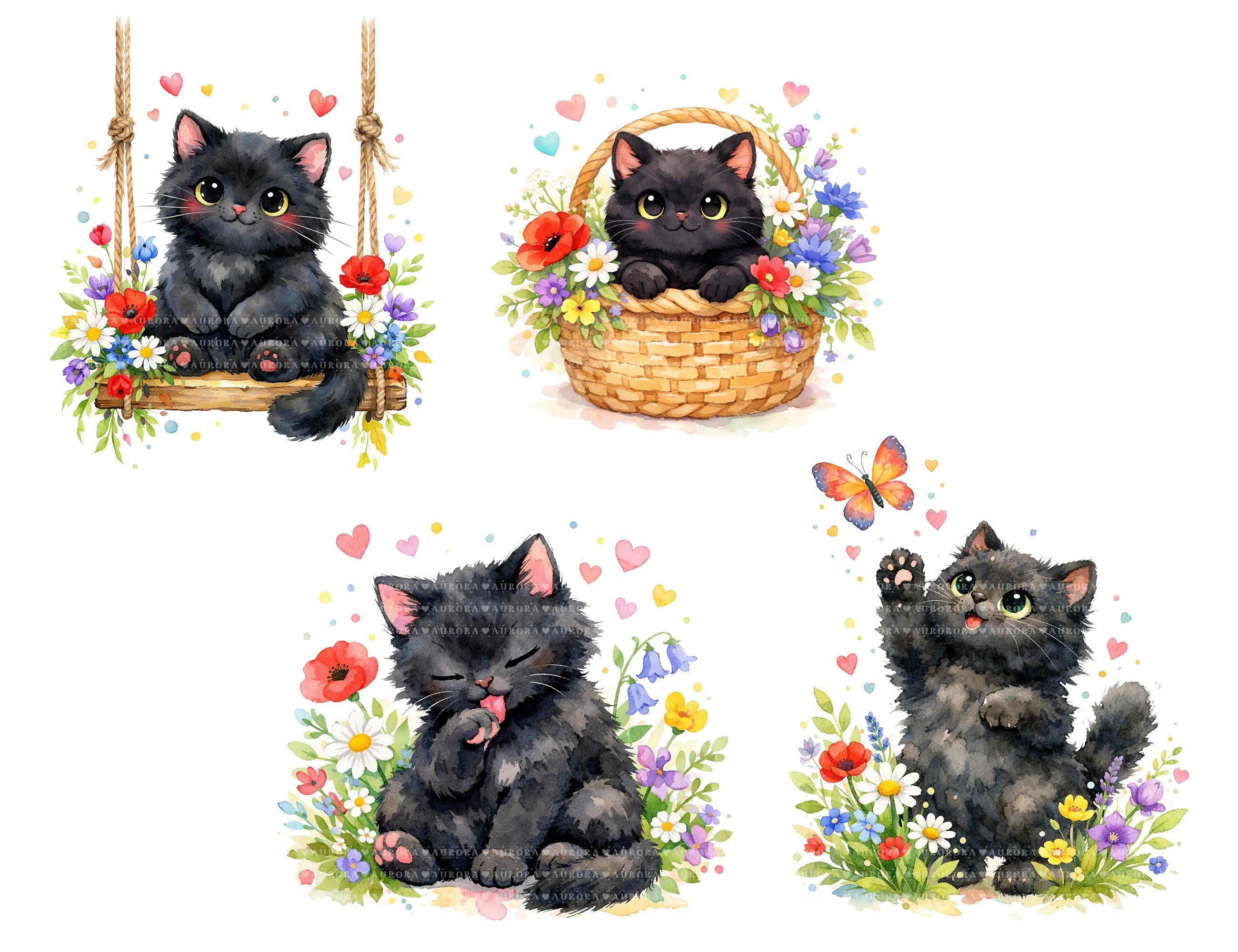 Watercolor Black Cat PNG Bundle, Spring Floral Kitten Clipart ...