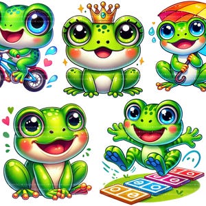 May include: A collection of five cartoon frog illustrations. One frog rides a bicycle, another wears a crown, and a third holds a rainbow umbrella. The frogs are green with large eyes and rosy cheeks. The overall theme is playful and whimsical.