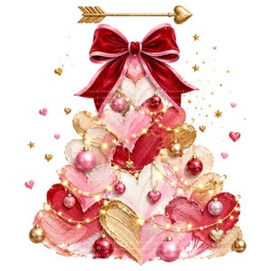 May include: A decorative graphic featuring a tree shape composed of layered, textured heart-shaped brushstrokes in shades of red, pink, and gold. A large red velvet bow sits at the top, topped by a gold arrow. String lights and ornaments adorn it.