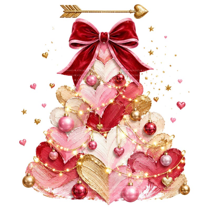 May include: A decorative graphic featuring a tree shape composed of layered, textured heart-shaped brushstrokes in shades of red, pink, and gold. A large red velvet bow sits at the top, topped by a gold arrow. String lights and ornaments adorn it.