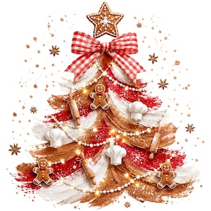 May include: A stylized Christmas tree illustration composed of red, white, and brown paint strokes. It is decorated with gingerbread men, white chef hats, wooden rolling pins, a red and white gingham bow, and a star-shaped cookie topper.