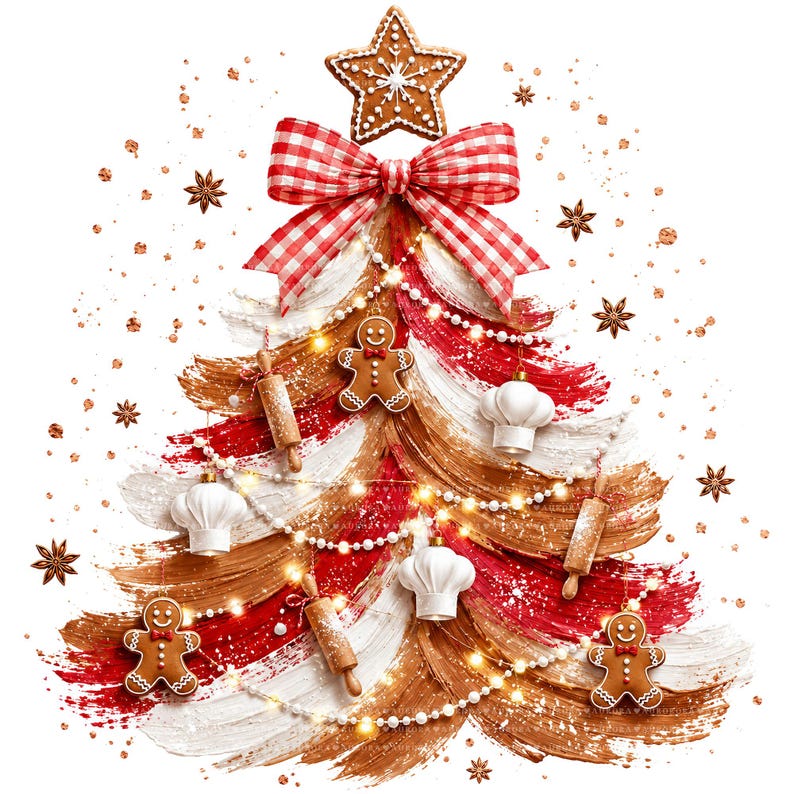 May include: A stylized Christmas tree illustration composed of red, white, and brown paint strokes. It is decorated with gingerbread men, white chef hats, wooden rolling pins, a red and white gingham bow, and a star-shaped cookie topper.