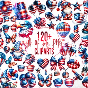 Plus de 120 cliparts aquarelle 4 juillet, sublimation patriotique PNG, jour de l'indépendance des États-Unis, téléchargement immédiat, usage Commercial