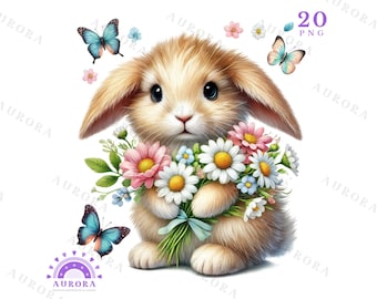 Watercolor Spring Bunny PNG, Floral Bunny Clipart, Sublimation Designs, Flowers, Invitation, Scrapbook, Commercial Use