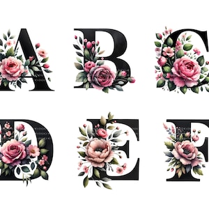 Op de afbeelding: Zes zwarte letters, A tot en met F, versierd met aquarel bloemmotieven. De bloemen zijn voornamelijk roze en perzik rozen, met groene bladeren, tegen een witte achtergrond. Lettertype met schreef.