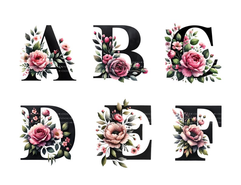 Op de afbeelding: Zes zwarte letters, A tot en met F, versierd met aquarel bloemmotieven. De bloemen zijn voornamelijk roze en perzik rozen, met groene bladeren, tegen een witte achtergrond. Lettertype met schreef.