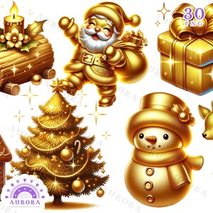 Pacote de clipart de Natal dourado, PNG de sublimação de Natal, Clip Art festivo de feriado, Decoração de Natal, Papai Noel, Boneco de neve, Download digital