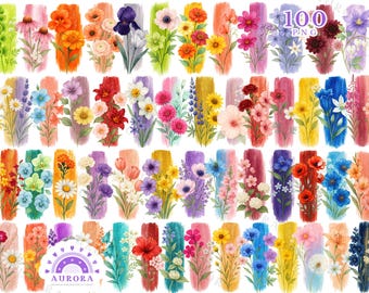 Clipart di fiori selvatici ad acquerello, pacchetto di pennellate floreali glitterate, disegni a sublimazione, clipart di fiori bohémien, PNG
