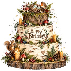 May include: A three-tiered cake with a birch bark texture, featuring the text Happy Birthday. The cake is decorated with a bird nest containing three eggs, a robin, a squirrel, red mushrooms, pinecones, berries, ferns, and lit candles.