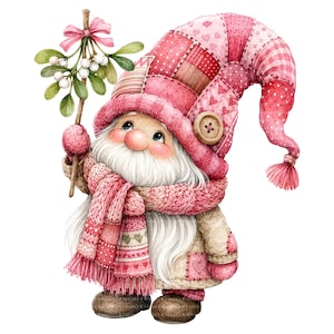 May include: A whimsical gnome illustration featuring a long white beard, a pink patchwork hat with a wooden button, and a matching pink knit scarf. The gnome holds a sprig of mistletoe with white berries and a pink ribbon, wearing brown boots.