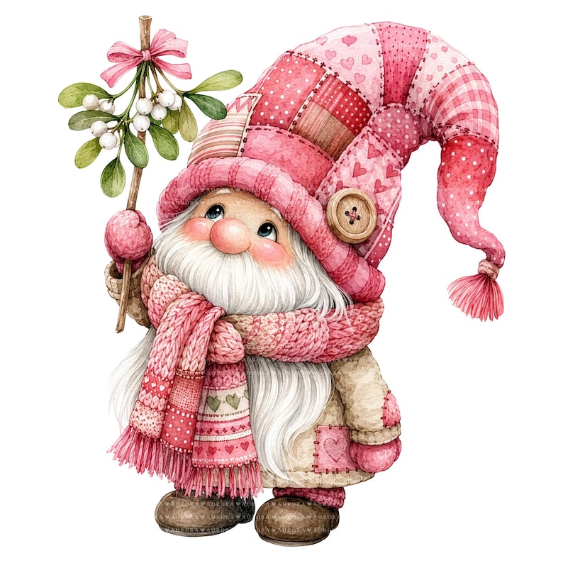 May include: A whimsical gnome illustration featuring a long white beard, a pink patchwork hat with a wooden button, and a matching pink knit scarf. The gnome holds a sprig of mistletoe with white berries and a pink ribbon, wearing brown boots.
