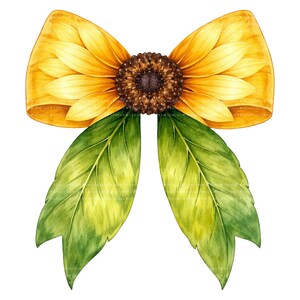 May include: A watercolor illustration of a bow designed to resemble a sunflower. The bow features a yellow ribbon, a brown center, and green leaves. The bow is a decorative element.