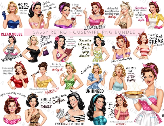 Sassy Retro Housewife PNG Bundle | Funny 1950s Pin Up Sublimation Clipart | Vintage Sarcastic Designs