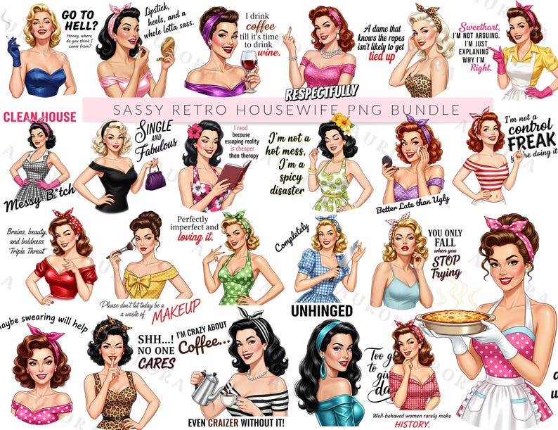 Sassy Retro Housewife PNG Bundle | Funny 1950s Pin Up Sublimation Clipart | Vintage Sarcastic Designs image 1