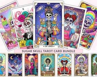 May include: A collection of tarot cards featuring colorful sugar skull skeletons in various scenes, including a cat lover with kittens, a hot mama with wine, and a cool mama club member. The cards display vibrant illustrations with celestial, floral, and whimsical motifs.