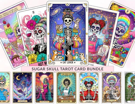 25 Funny Sugar Skull Tarot Card PNG Bundle, Day of the Dead Skeleton Sublimation Designs