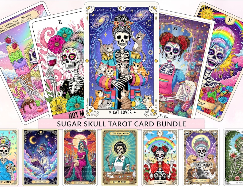 Puede incluir: Una colecci&oacute;n de cartas de tarot con esqueletos de calaveras de az&uacute;car coloridos en varias escenas, incluyendo una amante de los gatos con gatitos, una hot mama con vino y un miembro del cool mama club. Las cartas muestran ilustraciones vibrantes con motivos florales.