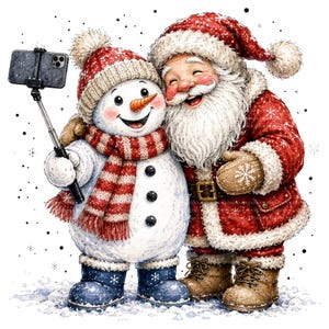 May include: A white snowman wearing a red and white knit hat, a matching striped scarf, and blue boots, holding a black selfie stick with a smartphone. Beside the snowman stands Santa Claus in a red coat with white fur trim and brown boots.