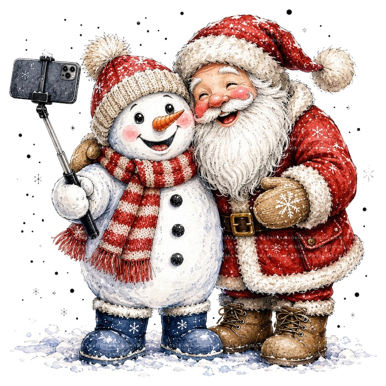 May include: A white snowman wearing a red and white knit hat, a matching striped scarf, and blue boots, holding a black selfie stick with a smartphone. Beside the snowman stands Santa Claus in a red coat with white fur trim and brown boots.