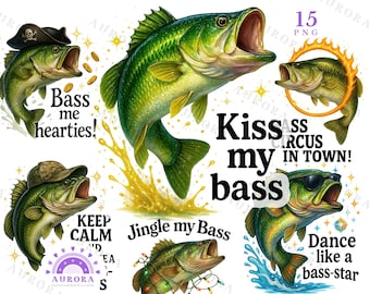 Funny Bass Fishing Clipart Bundle, Sublimation Designs, Quotes, Anglers, Fishermen Gifts, Digital Download