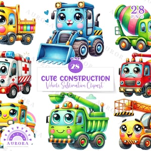 Cute Construction Vehicle Clipart Bundle, Colorful Truck Clipart, Kids Trucks PNG, Sublimation Design, Digital Download