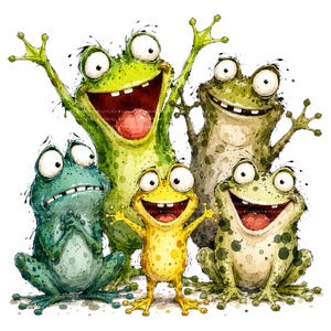 May include: A digital illustration featuring five cartoon frogs with large eyes and expressive faces. The group includes a large bright green frog, a tall olive green frog, a small yellow frog, a teal frog, and a spotted green frog.