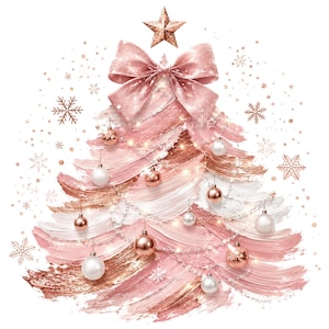 May include: A stylized Christmas tree illustration created with textured brushstrokes in shades of rose gold, pink, and white. The tree is topped with a metallic star and a large bow, decorated with hanging spherical ornaments and scattered snowflakes.