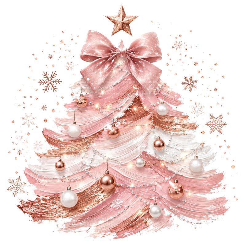 May include: A stylized Christmas tree illustration created with textured brushstrokes in shades of rose gold, pink, and white. The tree is topped with a metallic star and a large bow, decorated with hanging spherical ornaments and scattered snowflakes.