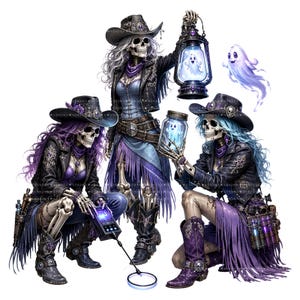 May include: Three skeletons dressed in western-style attire, including cowboy hats, leather jackets, and fringed skirts. One holds a glowing lantern with a ghost inside, another holds a glass jar with a ghost, and the third uses a metal detector.
