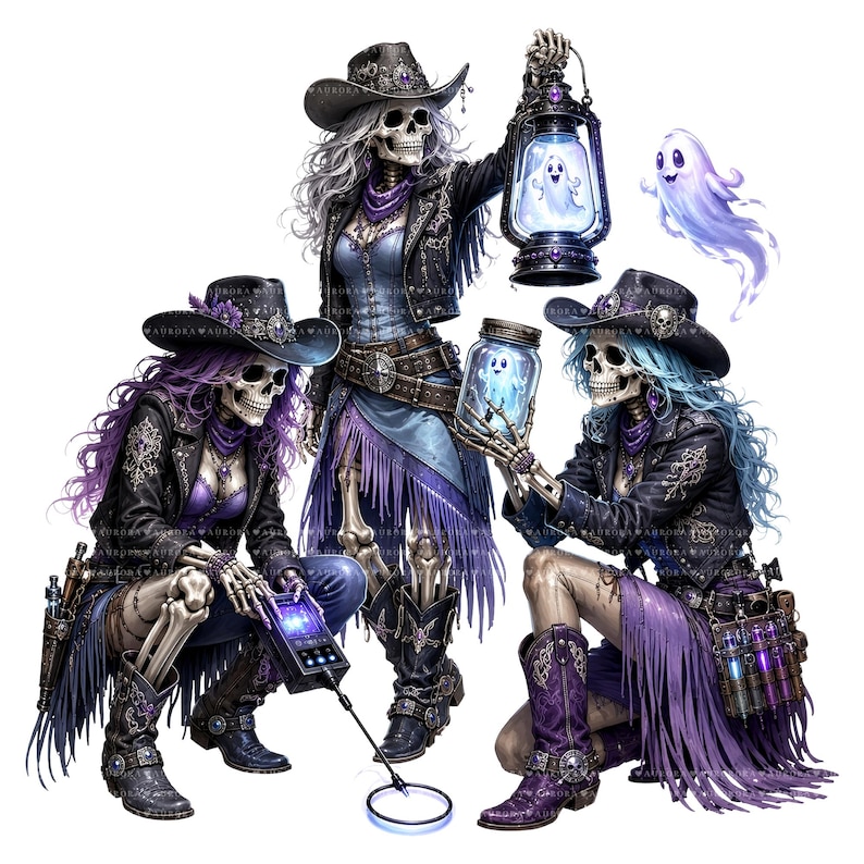 May include: Three skeletons dressed in western-style attire, including cowboy hats, leather jackets, and fringed skirts. One holds a glowing lantern with a ghost inside, another holds a glass jar with a ghost, and the third uses a metal detector.