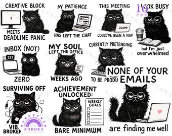 May include: A digital art print featuring a collection of black cats with glasses, each in a different work-related scenario. Text includes phrases like "Creative Block," "Inbox (Not)," and "None of Your Emails." The cats are depicted with various office supplies.