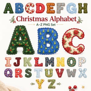 Può includere: Un set grafico digitale intitolato Christmas Alphabet A-Z PNG Set, che presenta le lettere dalla A alla Z progettate con vari motivi natalizi tra cui agrifoglio, alberi di Natale, stelle di Natale, bastoncini di zucchero, tartan e motivi invernali.