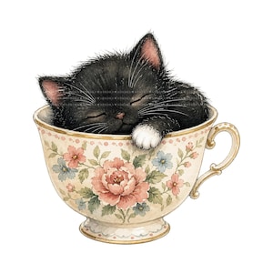 K&ouml;nnte beinhalten: Aquarell-Illustration eines schlafenden schwarzen K&auml;tzchens in einer Blumenvase. Die Tasse ist mit rosa und blauen Blumen und goldenen Verzierungen verziert. Das K&auml;tzchen hat eine wei&szlig;e Pfote und ist zusammengerollt und schl&auml;ft.
