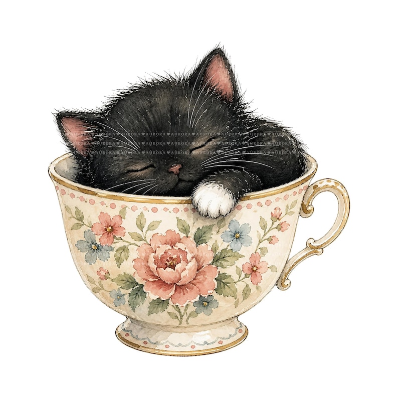 K&ouml;nnte beinhalten: Aquarell-Illustration eines schlafenden schwarzen K&auml;tzchens in einer Blumenvase. Die Tasse ist mit rosa und blauen Blumen und goldenen Verzierungen verziert. Das K&auml;tzchen hat eine wei&szlig;e Pfote und ist zusammengerollt und schl&auml;ft.