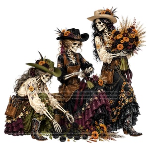 May include: Three skeletons dressed in western-style clothing, including hats adorned with flowers, long skirts with floral patterns, and leather tool belts. They are holding bouquets of dried flowers and arranging dark roses on the ground.