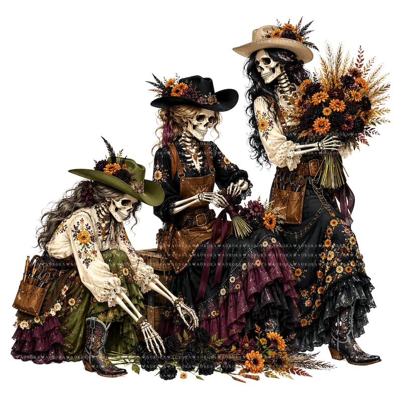 May include: Three skeletons dressed in western-style clothing, including hats adorned with flowers, long skirts with floral patterns, and leather tool belts. They are holding bouquets of dried flowers and arranging dark roses on the ground.