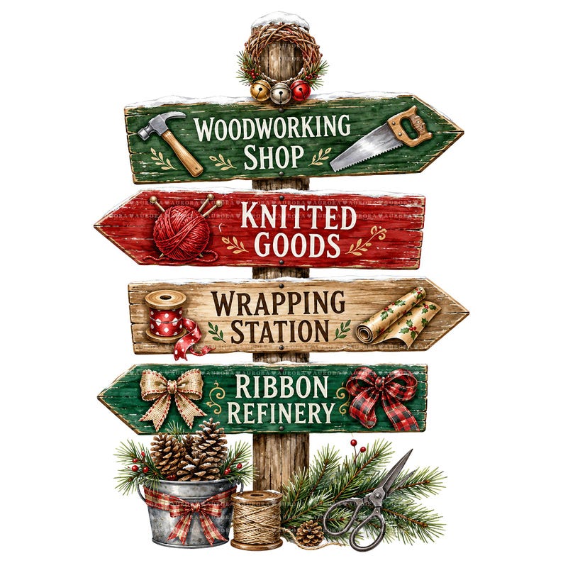 May include: A vertical wooden signpost with four directional arrows featuring the text Woodworking Shop, Knitted Goods, Wrapping Station, and Ribbon Refinery. The sign is decorated with a wreath, pinecones, ribbons, tools, and a metal bucket.