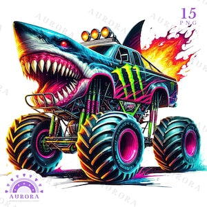 Epic Monster Truck Sublimation PNG, Shark Monster Truck, Clipart di veicoli fuoristrada estremi, Monster Truck di animali selvatici, uso commerciale