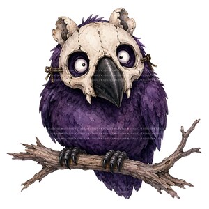 Paquete de 28 imágenes prediseñadas de cuervos morados espeluznantes, cuervos de Halloween en acuarela PNG, diseños para sublimación, descarga digital.