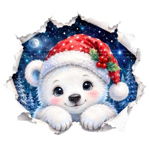 May include: A white polar bear cub wearing a red Santa hat with white polka dots and holly berries, peeking through a torn paper effect. The background features a dark blue night sky with a full moon, stars, and snow-covered pine trees.
