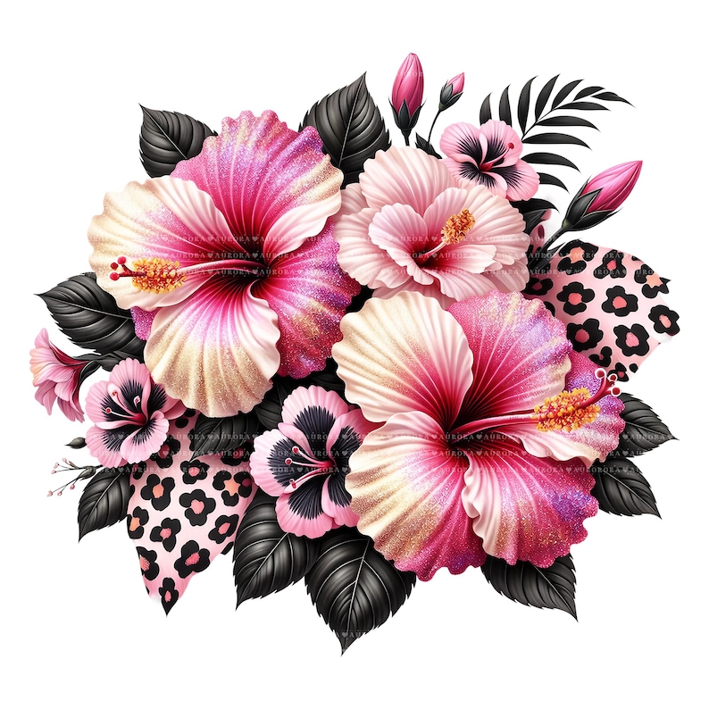 10 Pink Leopard Hibiscus PNG Bundle, Tropical Flower Clipart, Sublimation Digital Download image 6