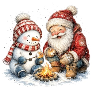 May include: A snowman wearing a red and white striped hat and scarf and Santa Claus in a red winter coat and hat roasting marshmallows over a small campfire. Both figures are sitting in the snow, with Santa laughing and the snowman smiling.