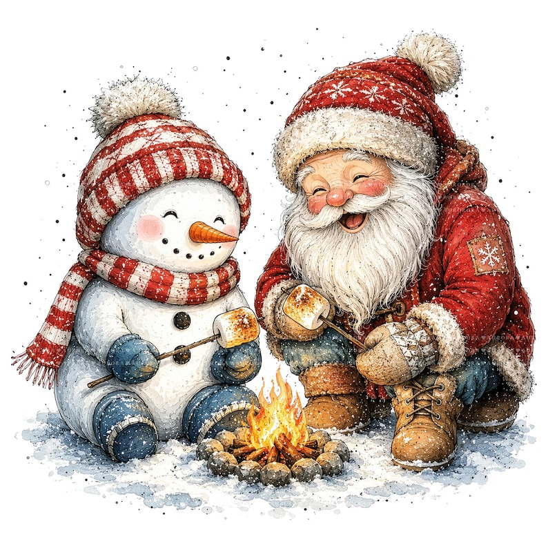 May include: A snowman wearing a red and white striped hat and scarf and Santa Claus in a red winter coat and hat roasting marshmallows over a small campfire. Both figures are sitting in the snow, with Santa laughing and the snowman smiling.