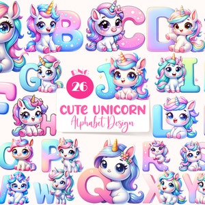 Schattige baby eenhoorn alfabet, alfabet clipart, schattige eenhoorn png, eenhoorn, kinderkamer clipart, eenhoorn cadeau, aquarel clipart, commercieel gebruik