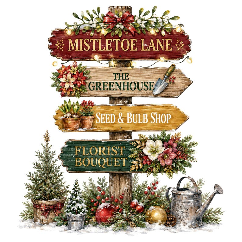 May include: A decorative wooden signpost featuring four horizontal signs labeled MISTLETOE LANE, THE GREENHOUSE, SEED & BULB SHOP, and FLORIST BOUQUET. The display is adorned with Christmas greenery, red ornaments, a metal watering can, and small trees.