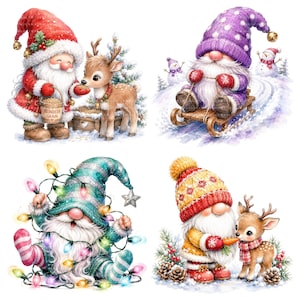 Pode incluir: Um conjunto de quatro ilustrações em aguarela com gnomos em cenários de inverno. Um gnomo alimenta uma rena, outro anda num trenó de madeira, um terceiro está enrolado em luzes de Natal coloridas e um quarto oferece uma cenoura a uma rena.